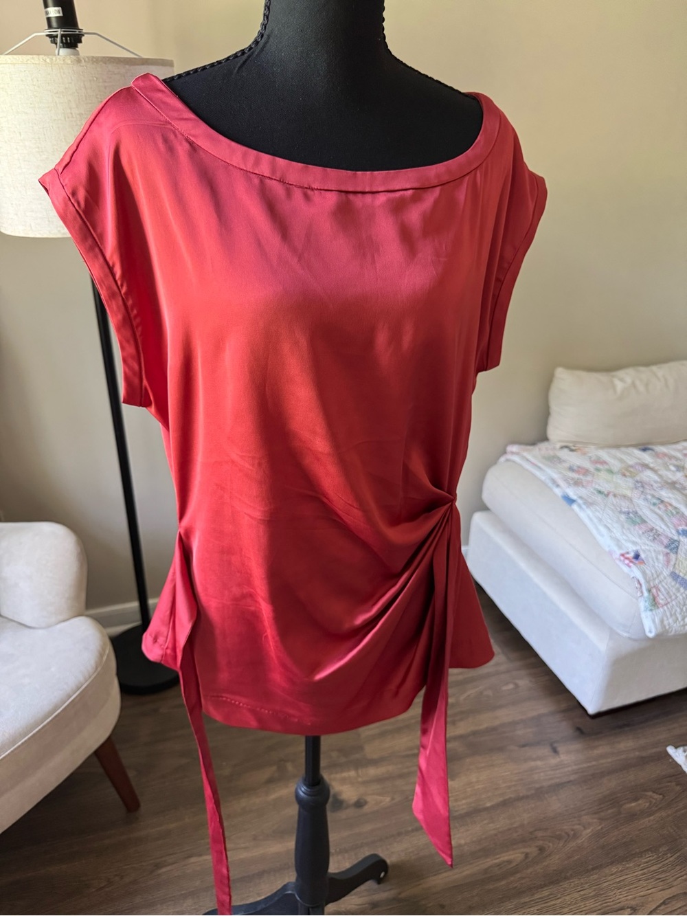 Coral Satin Tie-Waist Women's Top - Picture 3 of 4